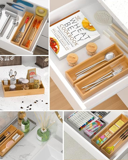 Silverware Tray for Drawer, Stackable Kitchen Bamboo Drawer Organizer 12" x 3" x 2" Set of 2