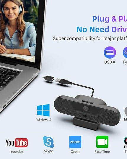 4K Webcam, UHD PTZ PC Camera with Speaker and 4 Microphones, Supporting Remote Control, Digital Zoom, Autofocus, Privacy Cover and Tripod, for Video Calls and Conferences and Live Streaming