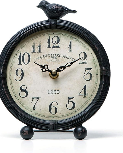 NIKKY HOME Vintage Table Clock with Bird, Metal Desk Clocks Battery Operated Black Retro Table Clock on Stand Decorative Desk Clock for Bedroom Living Room Shelf