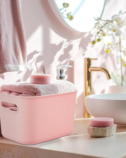 Hoolerry 8 Pieces Colorful Storage Bins with Lid, Plastic Storage Basket Organizing Container Stackable Box with Handle for Shelves Desktop Playroom Office(9.8 x 7.1 x 6.3 Inch,White and Pink)
