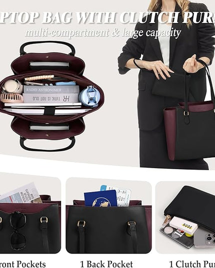 RAINSMORE Laptop Bag for Women 15.6 Inch Work Tote Bags Waterproof Computer Bags Leather Professional Laptop Purse Womens Laptop Briefcase Large Handbag for Office Teacher Travel, Black and Purple