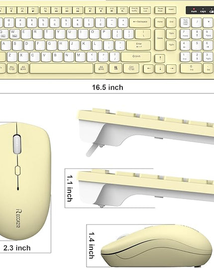 Wireless Keyboard and Mouse Combo, Full-Sized Wireless Keyboard and Adjustable DPI Mouse, 2.4GHz USB Receiver, Silent Keyboard and Mouse for PC, Windows, MAC, Desktop, Laptop (Canary Yellow-B)