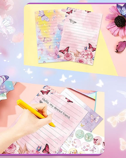 160 Pcs Stationery Paper Envelopes Set Includes 50 Lined Writing Paper & 50 Envelopes with 60 Colorful Round Dot Stickers, Cute Vintage Butterfly Letter Writing and Stationery Paper Envelopes(10Style)