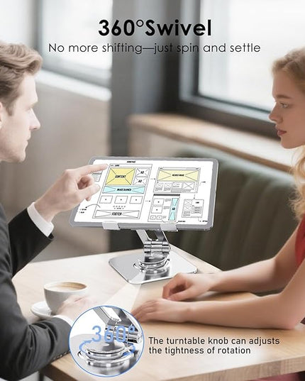 Tablet Stand for Desk, 360° Swivel for iPad Holder, Aluminum Adjustable Tablet Holder, Compatible for iPad Pro Air Mini Surface Pro Samsung Galaxy Tabs Kindle, 4-12.9 inch, Silver
