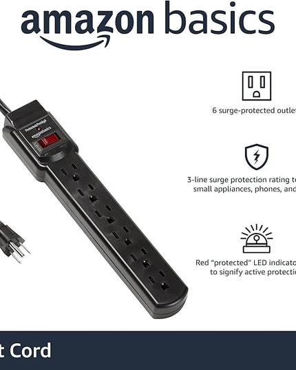 Amazon Basics 6-Outlet Surge Protector Power Strip with 200J Protection, Circuit Breaker, 2ft Extension Cord, Black, 20-Pack