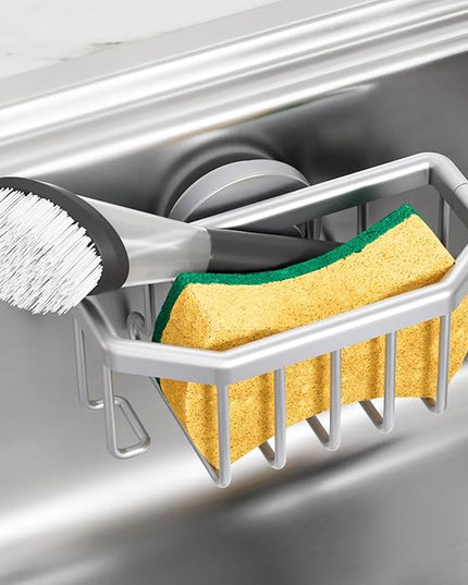 TAILI Sponge Holder for Kitchen Sink with Strong Suction Cup, Rustproof Aluminum Sink Caddy for Sponges, Brushes, Stoppers & Scrapers, Silver