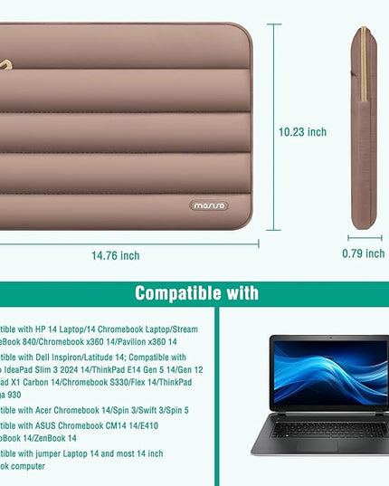 MOSISO 14 inch Laptop Case, 14 inch Puffy Laptop Sleeve Compatible with HP Lenovo Dell ASUS Acer, HP Stream, Dell Latitude, Lenovo IdeaPad, Polyester Horizontal Bag with Small Case, Brown