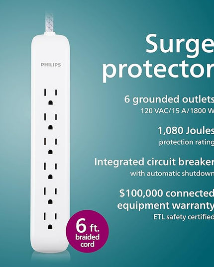Philips 6 Outlet Power Strip Surge Protector, 6 Ft Power Cord, Designer Braided Extension Cord, Flat Plug, Perfect for Office or Home Décor, 1080 Joules, White, SPC3054WA/37
