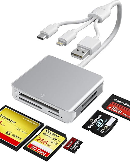 Memory Stick Pro Duo Adapter - 5 in 1 Aluminum Multi Memory Card Reader with Triple Lightning/USB-C/USB 3.0 Connectors for SD/Micro SD/MS/XD/CF, Sony Memory Stick Pro Duo Adapter for iPhone/Android/PC