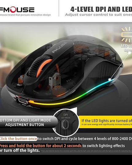 Novel Transparent Wireless Mouse, Tri-Mode (Dual Bluetooth+2.4GHz), USB-C Receiver Ideal for MacBook/Laptops/PC, Rechargeable, Portable, Silent, Clear Mice for Business Trips & Office - Black