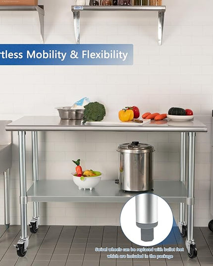 HARDURA Stainless Steel Table with Wheels 24 x 72 Inches Casters NSF Heavy Duty Commercial Work & Prep Table with Undershelf and Galvanized Legs for Restaurant Kitchen Bar and Hotel Garage