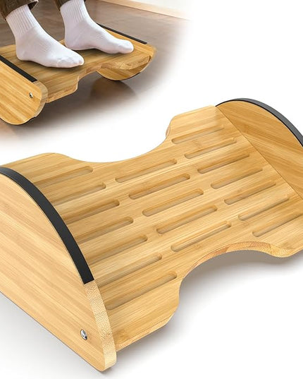 Bamboo Foot Rest for Under Desk at Work - Reversible Rocking Under Desk Footrest 2-in-1 with 6 Adjustable Heights, Ergonomic Foot Rest Under Desk with Anti-Slip Surface for Home, Office and Gaming