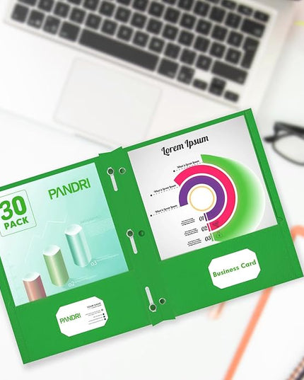 Two Pocket Folders, PANDRI 30 Pack Two Pocket Folders with Prongs, 3 Prong Folders Designed for Office and Classroom, Letter Size Green