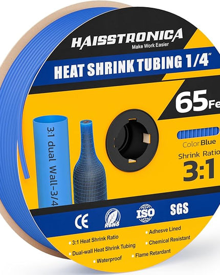 haisstronica 3:1 Heat Shrink Tubing, Shrink Ratio Adhesive Lined Marine Grade Heat Shrink Tube for Home, Automotive and Industrial (Blue) 65FT 1/4inch