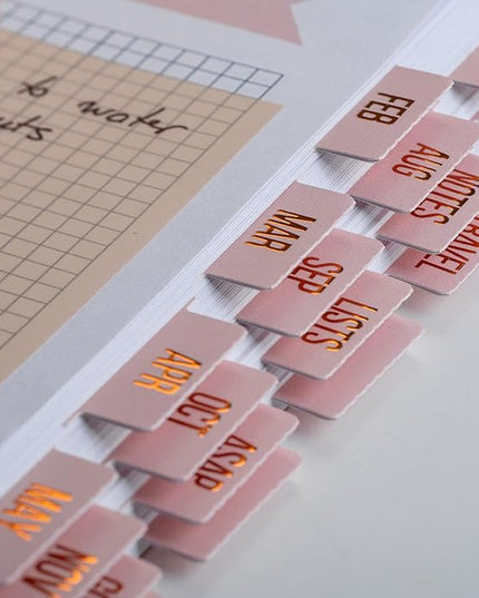 DiverseBee Gold Foil Planner 24 Peel and Stick Laminated Tabs for Notebooks, Calendar Tab Stickers and Monthly Dividers (Seasalt)