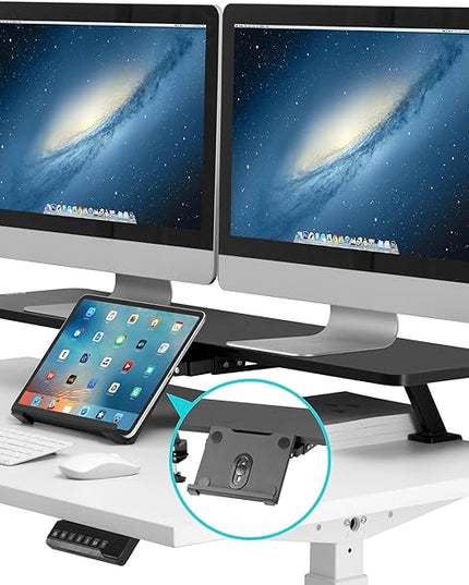 AVLT Clamp Desk Shelf Dual 32" Monitor Riser With Slide-out Holder for Convertible Laptop, Tablet, Smartphone (Black) - Floating Stand (Clamp-On Shelf Only)