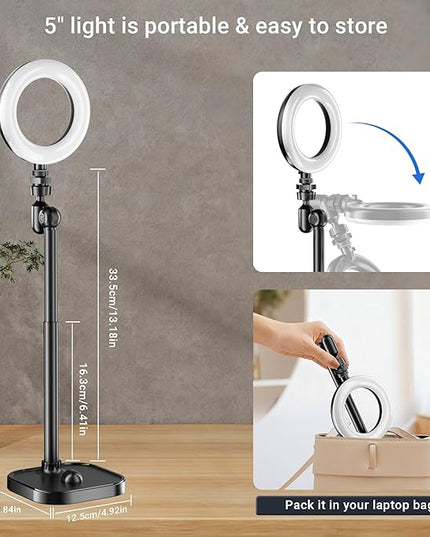 Ring Light for Desk, Portable Streaming Lights for Video Recording, 5’’ Halo Lighting with Stand for Selfie, Travel, Meetings, Makeup, Content Creators, Photography
