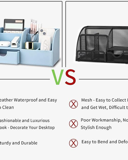 KINGFOM Pu Leather Desk Organizer Pen Pencil Holder Office Supplies Caddy Storage Box 6 Compartments with Drawer Blue