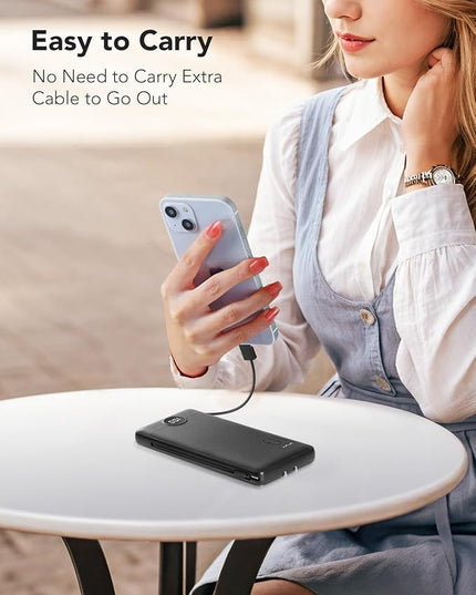 Portable Charger,Power Bank Built-in Cables and AC Wall Plug,VRURC USB C Portable Bank 10000mAh,Travel Essentials Phone Charger Compact Lightweight External Battery Pack for Smart Phones,Tablets-Black