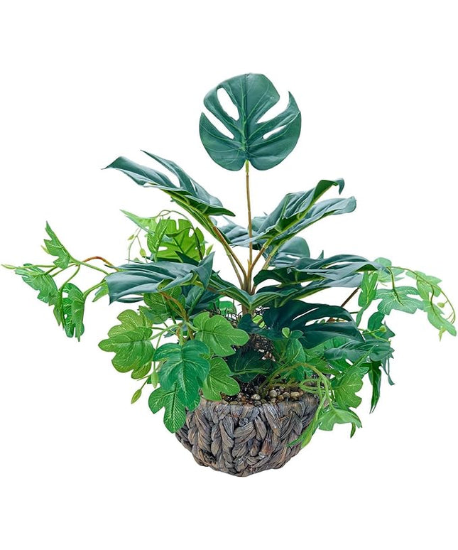 AlphaAcc 15.8" Artificial Monstera Plant in Rattan Woven Round Basket Planter Lifelike Fake Plants Decorative Artificial Plants Tropical Greenery for Kitchen Bathroom Bedroom Living Room Office Decor