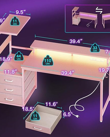 AODK 52 Inch Gaming Desk with USB Charging Ports & LED Light- Reversible Computer Desk with Storage Shelves & Monitor Stand, Modern Gamer Desk Table with Fabric Drawers & Side Hook, Carbon Fiber Pink