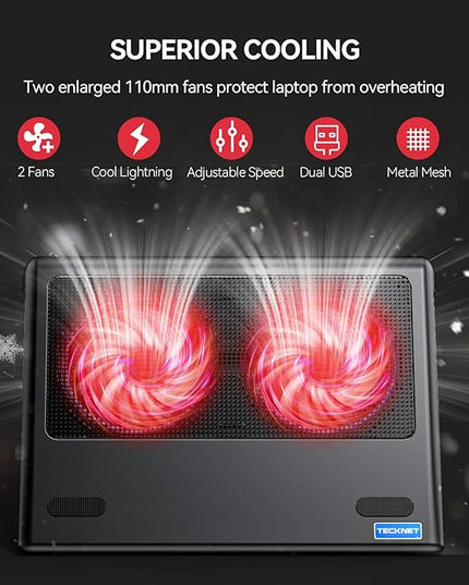 TECKNET Laptop Cooling Pad - 12"-15.6" Laptop Cooler, Powerful Cooler and Ultra Quiet for Gaming Laptops Pad, 2 Wind Speed Adjustable, USB A & C Powered Cooler Stand with Laptops Fan LED (Red)