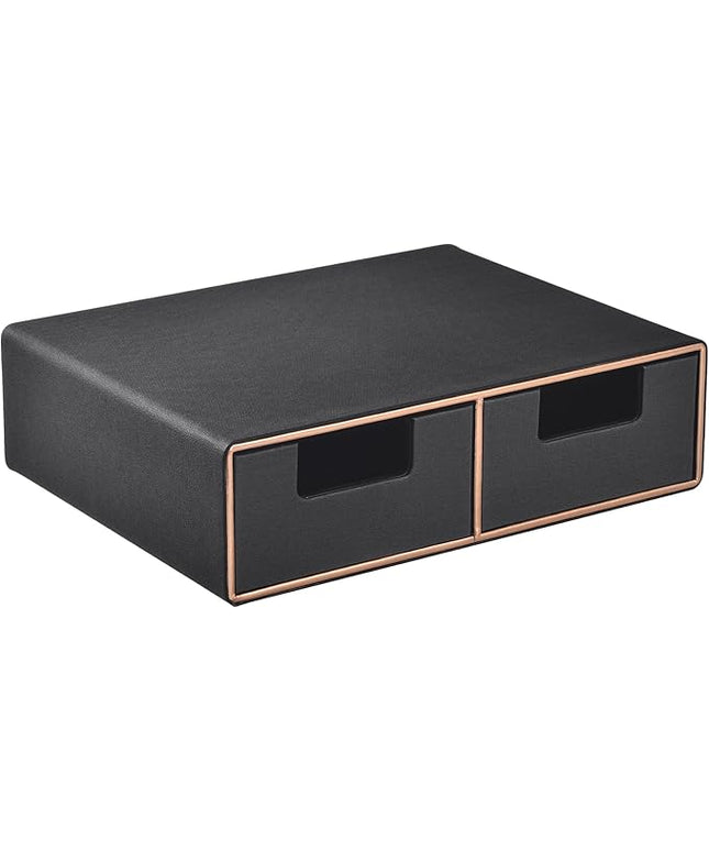Linen Leather Desk Organizer and monitor stand with Drawers－Mini Desktop Drawer Organizer Stackable－Tabletop Organization Storage Box for Office Supplies Home Vanity Toiletries (Black, 2-drawers)