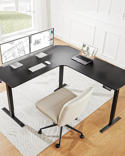 HUANUO Electric L Shaped Standing Desk, 63" x 63" Height Adjustable Corner Standing Desk with Built-in Power Outlets & Power Strip Holder, Sit Stand Up Table with 3 Preset Heights, Black