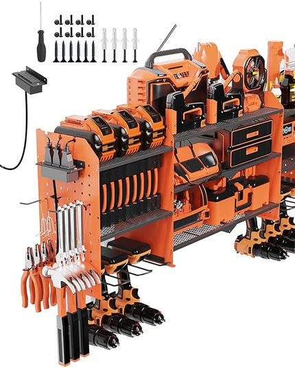 45" Large Power Tool Organizer Wall Mount with Charging Station - 3 Layer Storage Racks with 8 Cordless Drill Holder, 4 Hooks, Heavy Duty Garage Tool Organizer Storage for Workshop Pegboard Basement