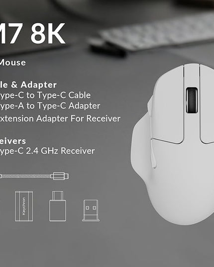 Keychron M7 8K Wireless Mouse, 30K DPI Optical Computer Mice, 2.4 GHz/Bluetooth/Wired with Macro Button 66g Lightweight Ergonomic, Up to 140 Hours Worktime for Laptop macOS/Windows - White