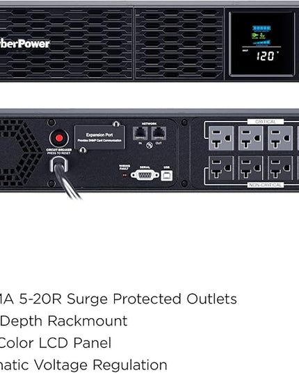CyberPower CP2000PFCRM2U PFC Sinewave UPS Battery Backup and Surge Protector, 2000VA/1200W, 8 Outlets, AVR, Short Depth 2U Rackmount, UL Certified