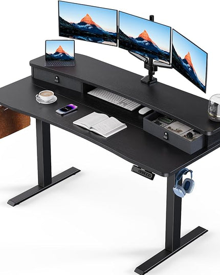 HUANUO 55″ x 26″ Electric Standing Desk with 2 Drawers, C-Clamp Mount Compatible, Height Adjustable Computer Desk, Home Office Stand Up Desk with 4 Preset Heights & 2 Hooks, Black