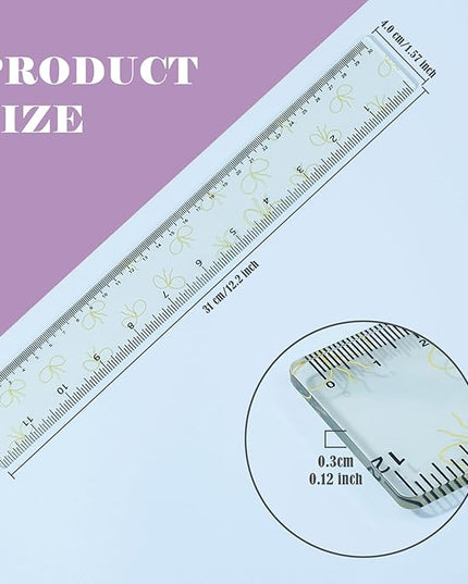 BAYTORY 4Pcs Transparent Acrylic Ruler 12 Inch, Clear Plastic Straight Rulers, Shatterproof Student Stationery Centimeters with Inches, for Classroom Essentials School Supplies (Bowknot)