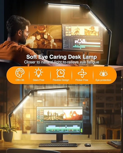 LED Desk Lamp with Clamp, Adjustable Swing Arm for Home Office, Dimmable Tempering Eye Care, Bright Modern Led Table Lamp for Nail Tech Architect, Flexible Tall Task Table Light