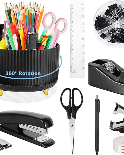Desk Organizers and Accessories Set with 360-Degree Rotating Pen Holder, Tape Dispenser, Stapler, Staple Remover, 1000 Staples, Tape, Clips Set, Ruler, Scissor, Pen