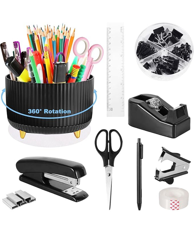 Desk Organizers and Accessories Set with 360-Degree Rotating Pen Holder, Tape Dispenser, Stapler, Staple Remover, 1000 Staples, Tape, Clips Set, Ruler, Scissor, Pen