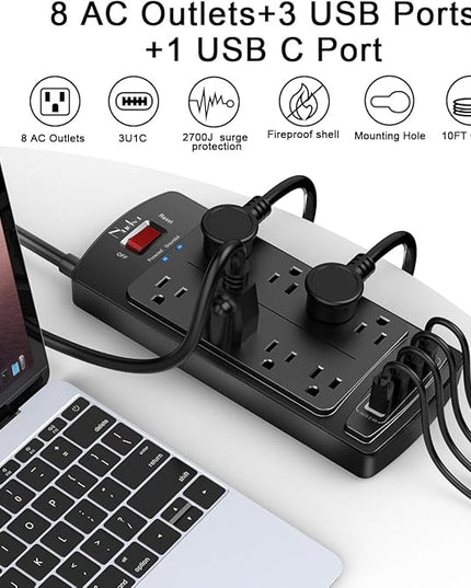 10 Feet Surge Protector Power Strip - Nuetsa Extension Cord(1625W/13A) with 8 Outlets and 4 USB Ports, Flat Plug, 2700 Joules, for Home, School, College Dorm Room, and Office, ETL Listed, Black