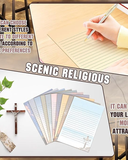 TaoBary 160 Pcs Stationery Paper Set 50 Double Sided Stationery Papers with 50 Matching Envelopes and 60 Round Dot Sticker, 10 Design(Religious Letter with Cross,5.5 x 8.25 Inch)