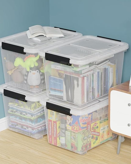 50 Quart Clear Large Storage Totes with Wheels, Plastic Storage Box with Lid, 4-Pack