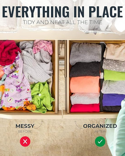 RAPTUROUS Deep Drawer Dividers 8 Pack, 6 Inch Tall, 13-22 Inch Long Expandable, Adjustable Drawer Organizer for Clothing, Dresser, Kitchen, Strong Hold, Soft Foam Edges, Black