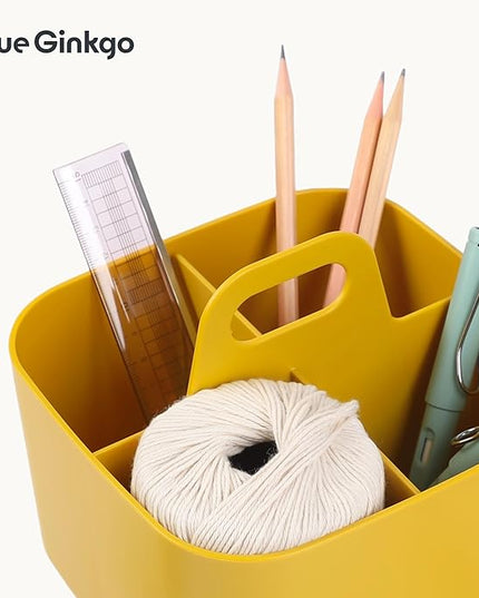 BLUE GINKGO Small Stackable Organizer Caddy – Korean-Made Portable Tote for Bathroom, Office, Crafts, or School Supplies (Square, Yellow)