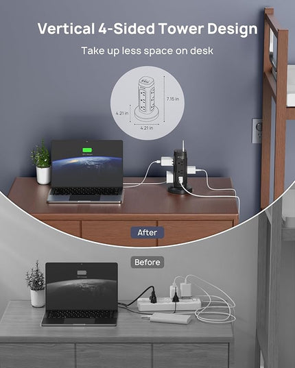 TROND Retractable Power Strip Tower - Flat Plug Surge Protector Power Strip with USB C PD 20W, 5ft Extension Cord with Multiple Outlets, 1700 Joules, Office Desk Supplies, Dorm Room Essentials, Black