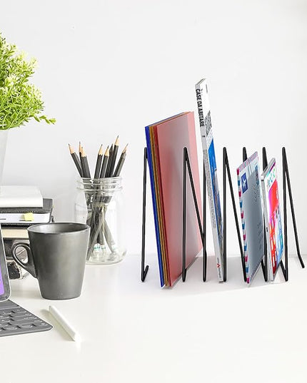 2 Pcs Triangle Desk File Organizer, 7 Slots Desktop Magazine Holder File Sorter,Metal Documents Rack Bookshelf Organizer for Office School Home, Black