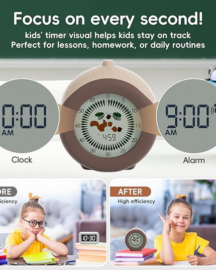 Visual Timer for Kids, 299-Minute Cute Kids Squirrel Timer with Eye-Protection Screen & Protective Case, Homeschool Supplies Study Teaching Time Management Tool