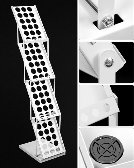QWORK Foldable Brochure Display Stand, Magazine Brochure Display Rack Stand, 4 Pocket Literature CatalogTradeshow Display Stand, for Office Store and Exhibition Trade Show (White)