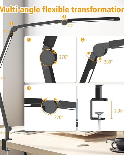 LED Desk Lamp with Clamp,Adjustable Swing Arm Desk Lamps for Home Office,Dimmable Tempering Eye Care Desk Light Bright Modern Led Table Lamp for Nail Tech Architect,Flexible Tall Task Table Light