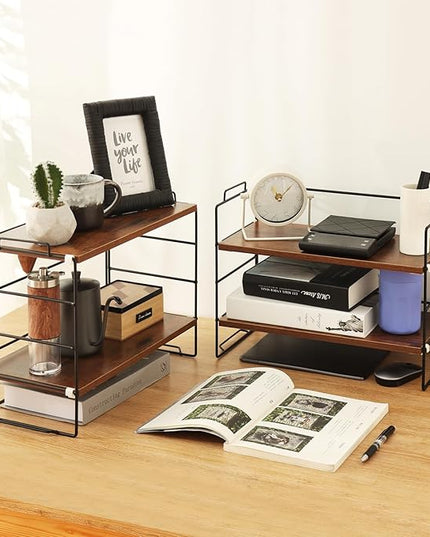 KATHY&BOB Wood Desk Shelf Organizer, 2-Tier Desktop Supplies Storage Rack, Adjustable Stackable Desk Shelf for Office, Kitchen, Bathroom, 15.75"*12.2"*7.87" (2 Sets)