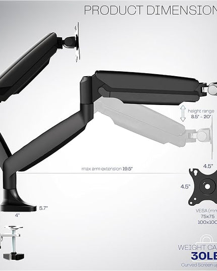 VIVO Premium Aluminum Heavy Duty Dual Monitor Arm for Ultrawide Monitors up to 40 inches and 30 lbs Each, Desk Mount Stand, Pneumatic Height, Max VESA 100x100, Black, STAND-V220Q