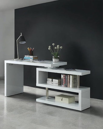 47" Swivel Top Desk with Storage Shelves - 360° Rotating Tabletop Computer Workstation for Home Office - Full Glossy Mirror Finish Space-Saving Corner Writing Table, White