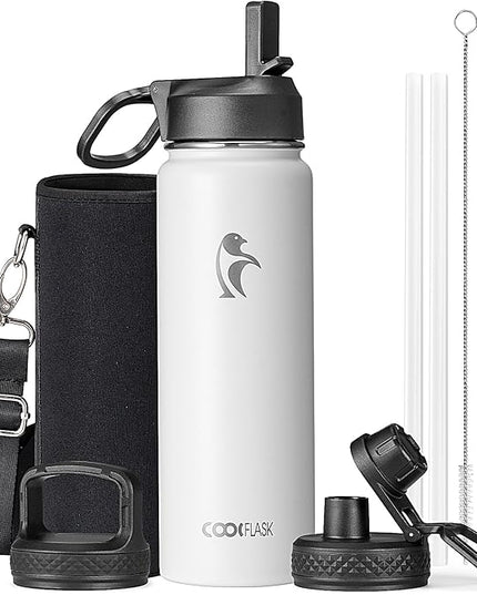 Coolflask Water Bottle 24 oz Insulated with Straw, Stainless Steel Metal 3 Lids Water Flask Wide Mouth for Sports or Office, Non-BPA Keep Cold Up to 48 Hrs or Hot Up to 24 Hrs, White